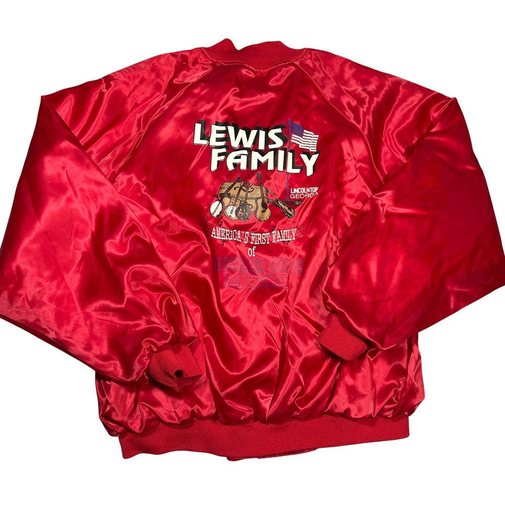 Vintage 80s Satin Bomber Jacket Red XXL Bridgeport Lewis Family Bluegrass Gospel